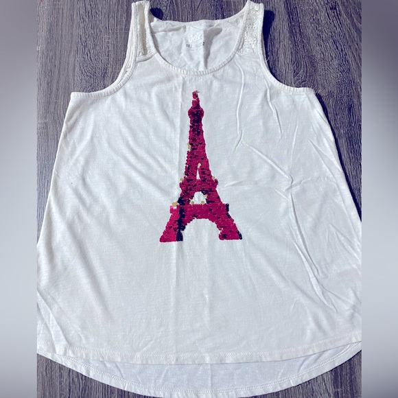 Justice girls size 18 gold & red flip sequin Eiffel Tower white tank top - Picture 1 of 3